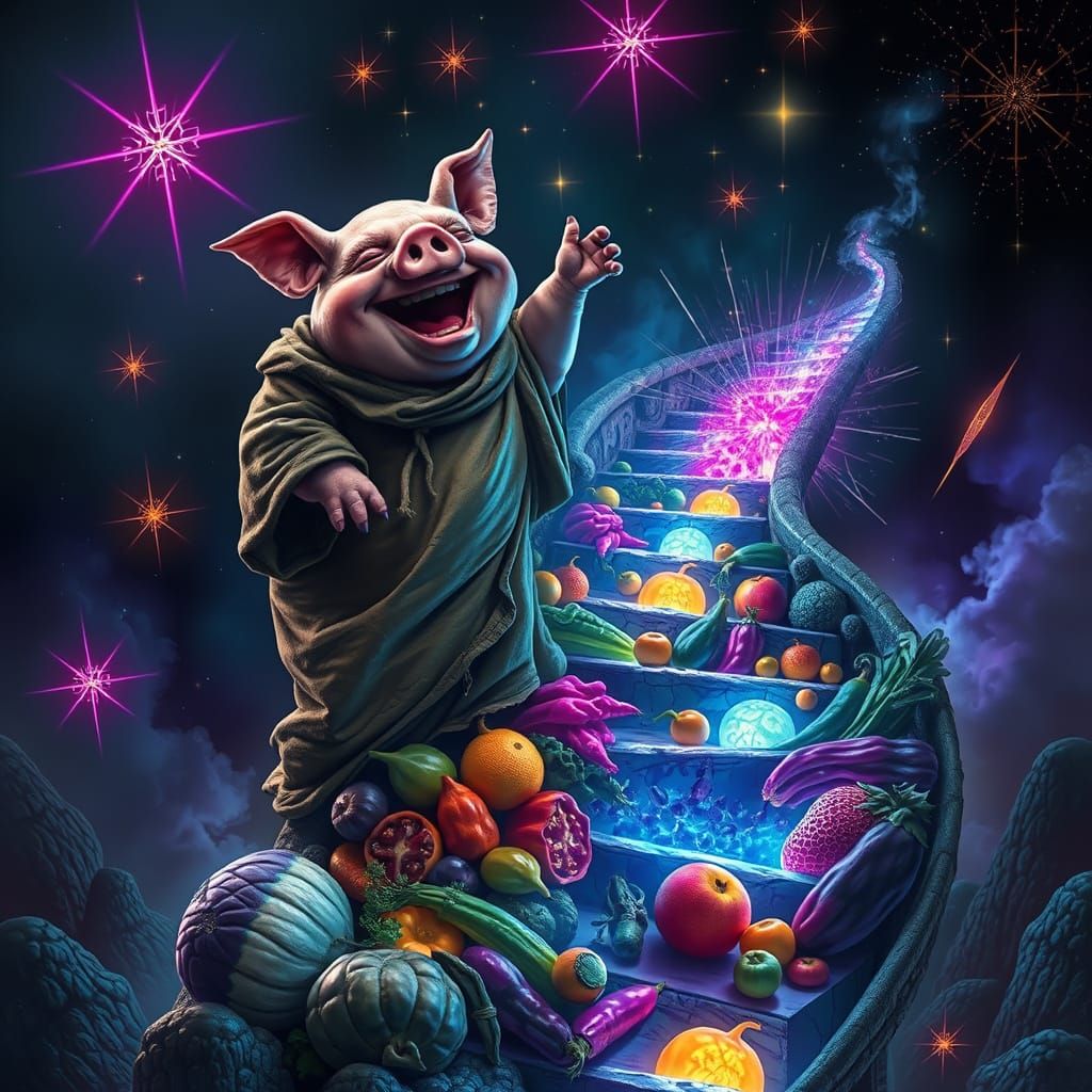 Pig-Man Laughs Atop Vegetable Staircase in Mystical Landscap...