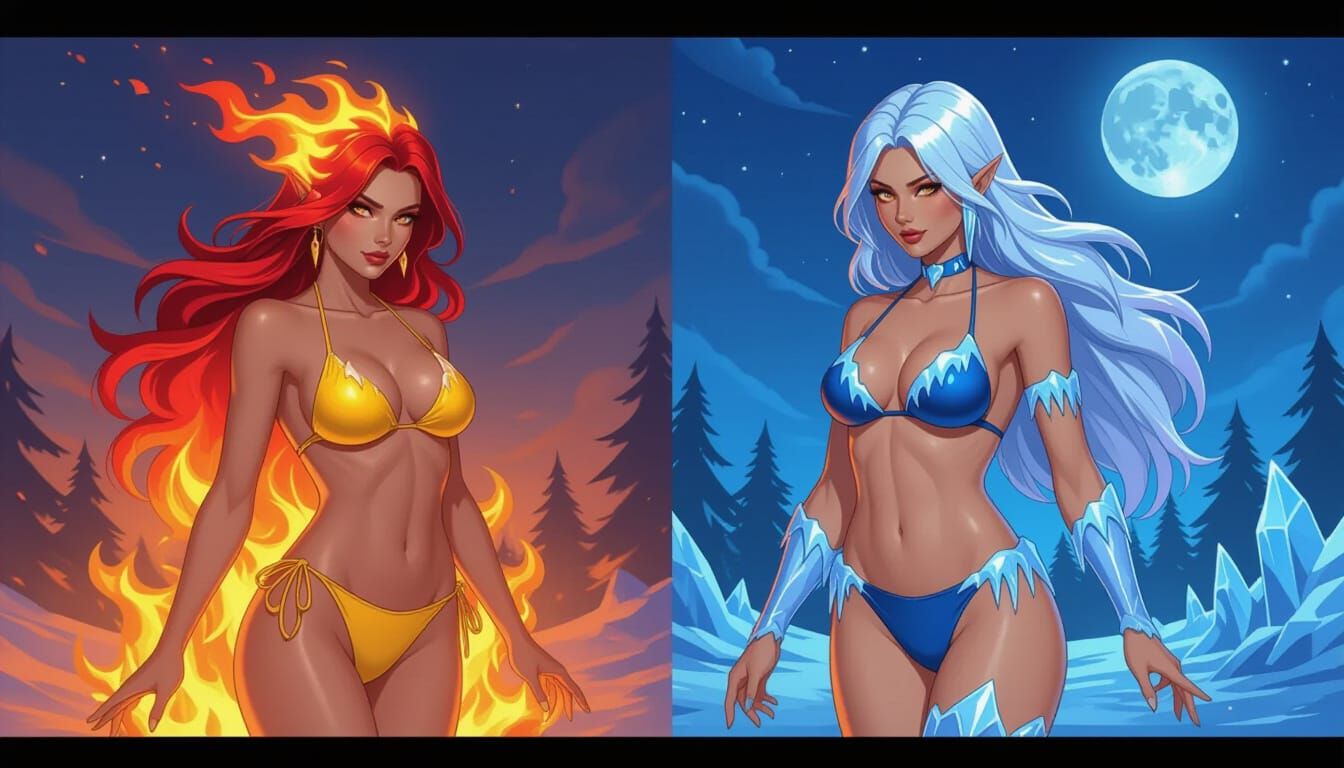 Fire and Ice Elemental Women in Contrasting Scenes