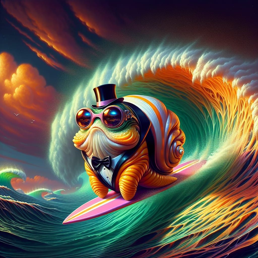 Surreal Snail Surfer Rides a Neon Wave