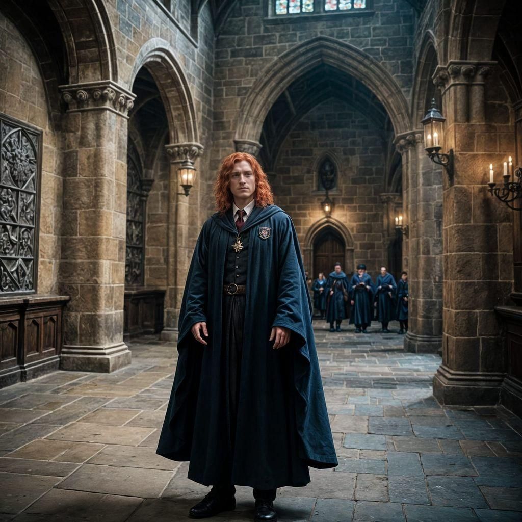 Red-Haired Wizard in Ravenclaw Robes at Hogwarts