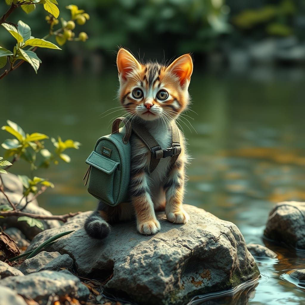 Kitten with Backpack on Rock, Hyperrealistic Digital Art