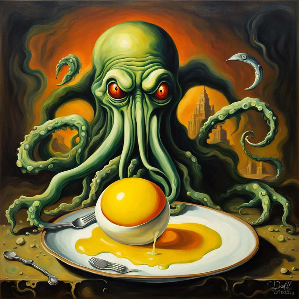 Cthulhu Eats an Egg: Surreal Oil Painting