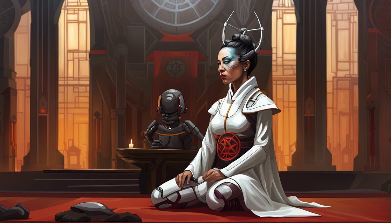 Cyborg Meditating in Neo-Islamic Temple: Digital Art