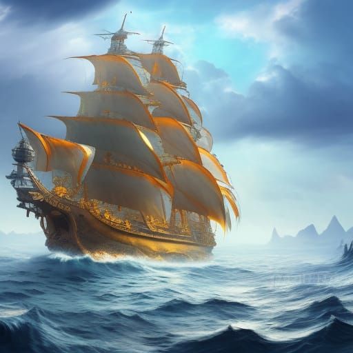 Golden Sunlit Ship at Sea: Fantasy Concept Art