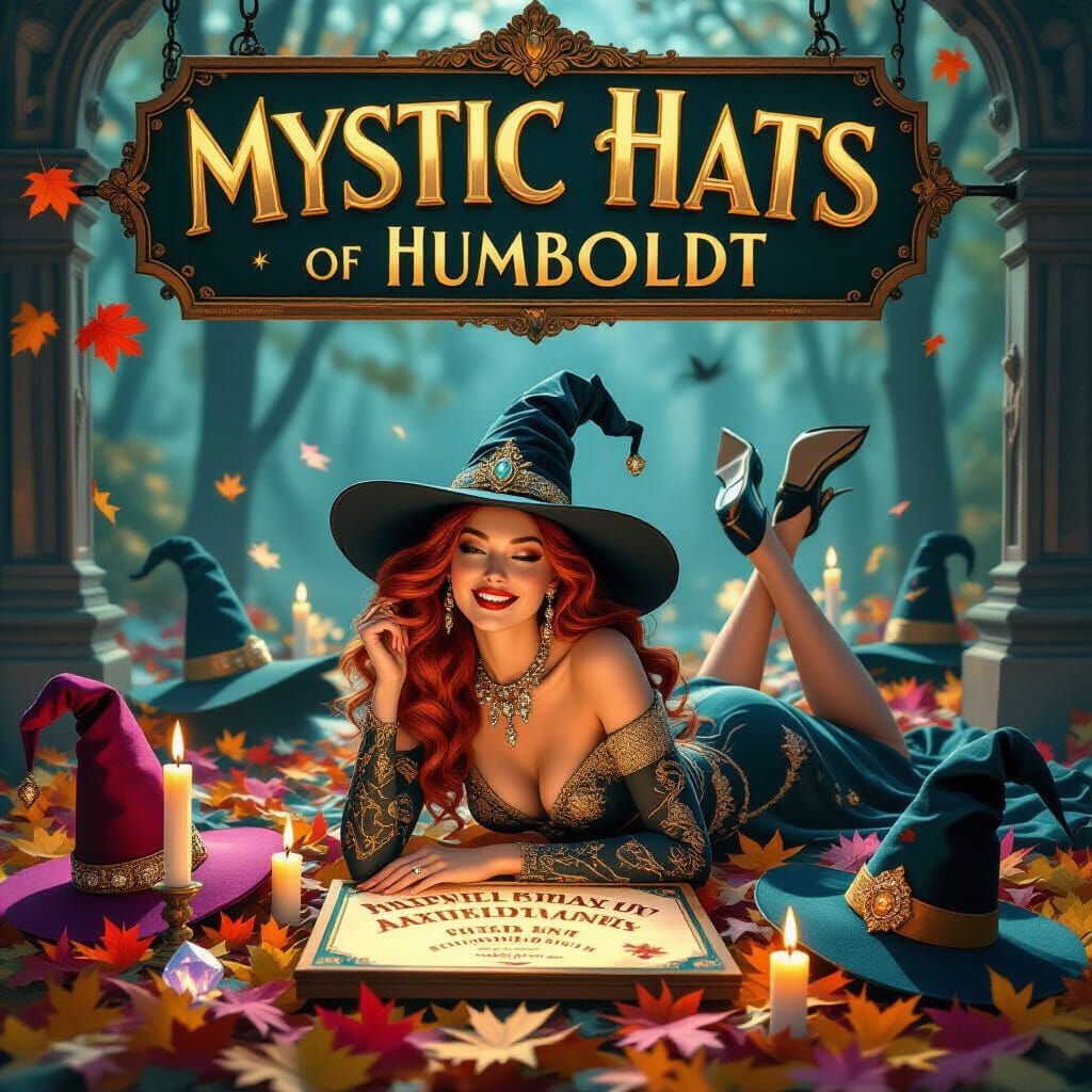 Art Deco Sign with Surreal Witch Hat Scene