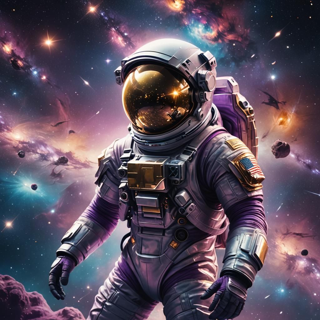 Astronaut in Deep Space Reflecting Galaxy