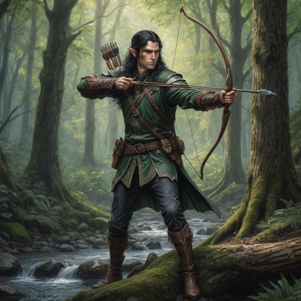 Half-Elf Ranger in Forest, Colored Pencil Drawing