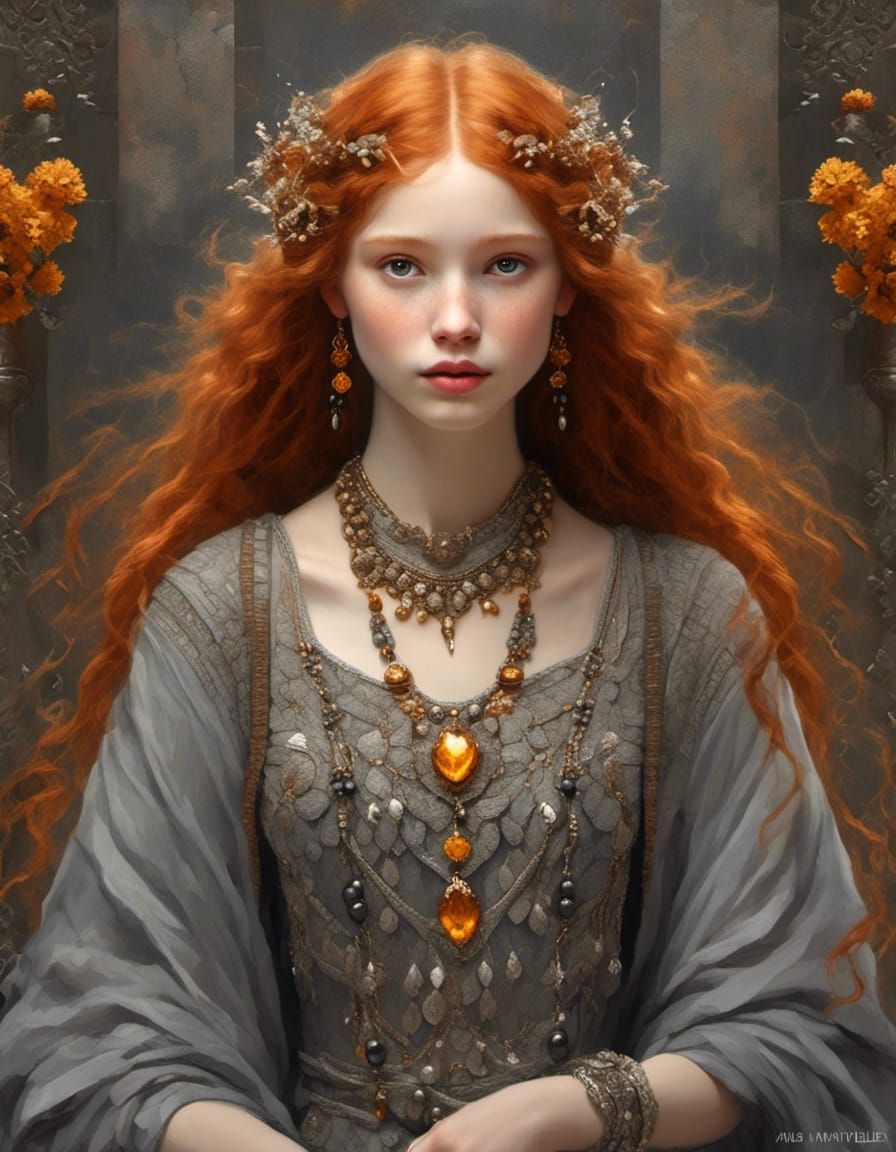 Ginger Haired Girl with Amber Jewelry, Detailed Portrait