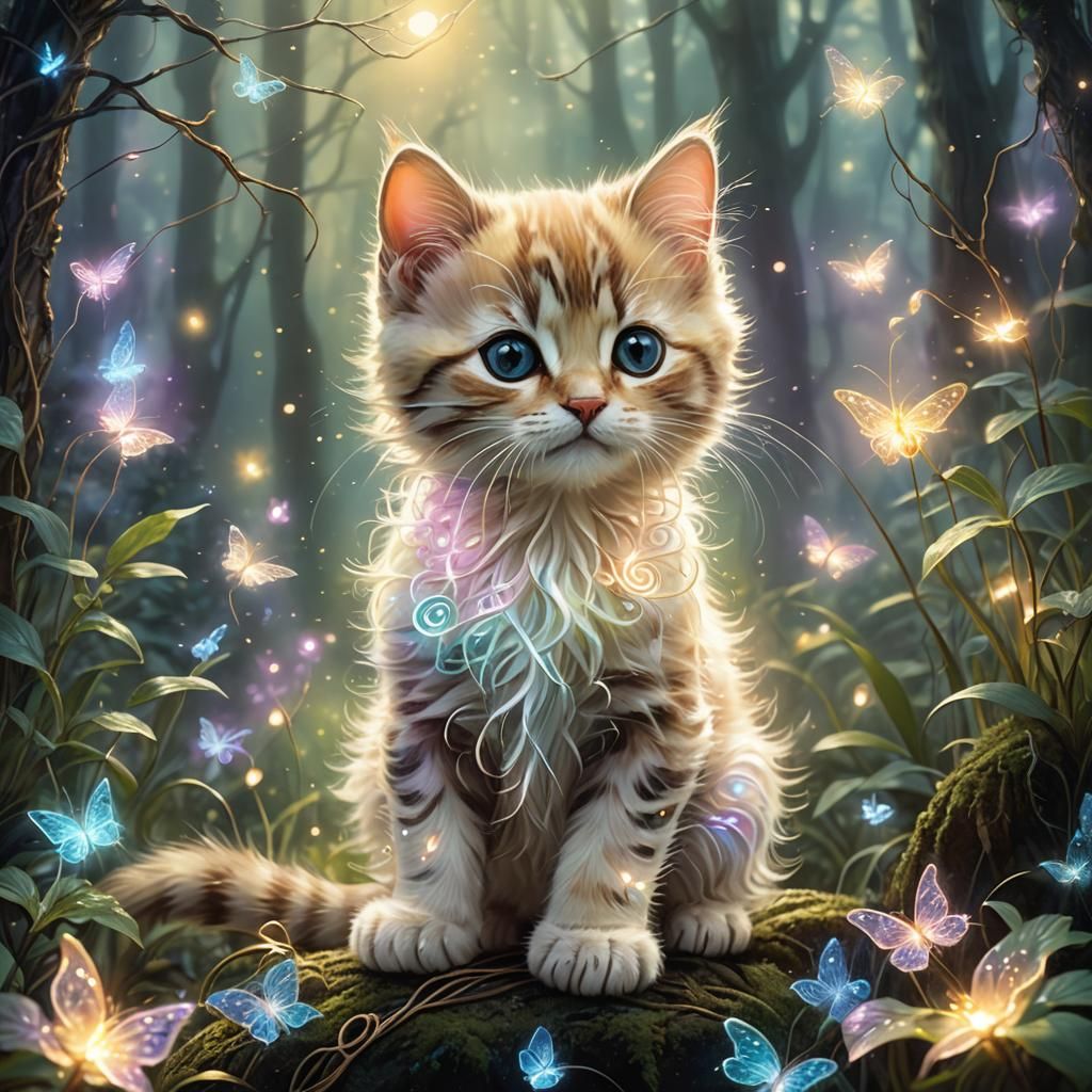 Ethereal Glowing String Kitten in Misty Forest