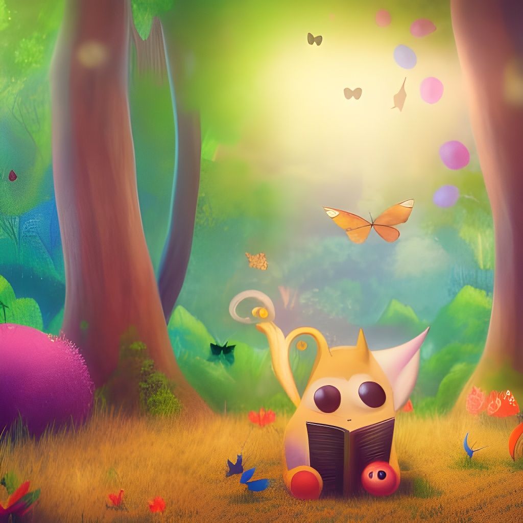 Cute Monster Reading Book in Sunny Forest