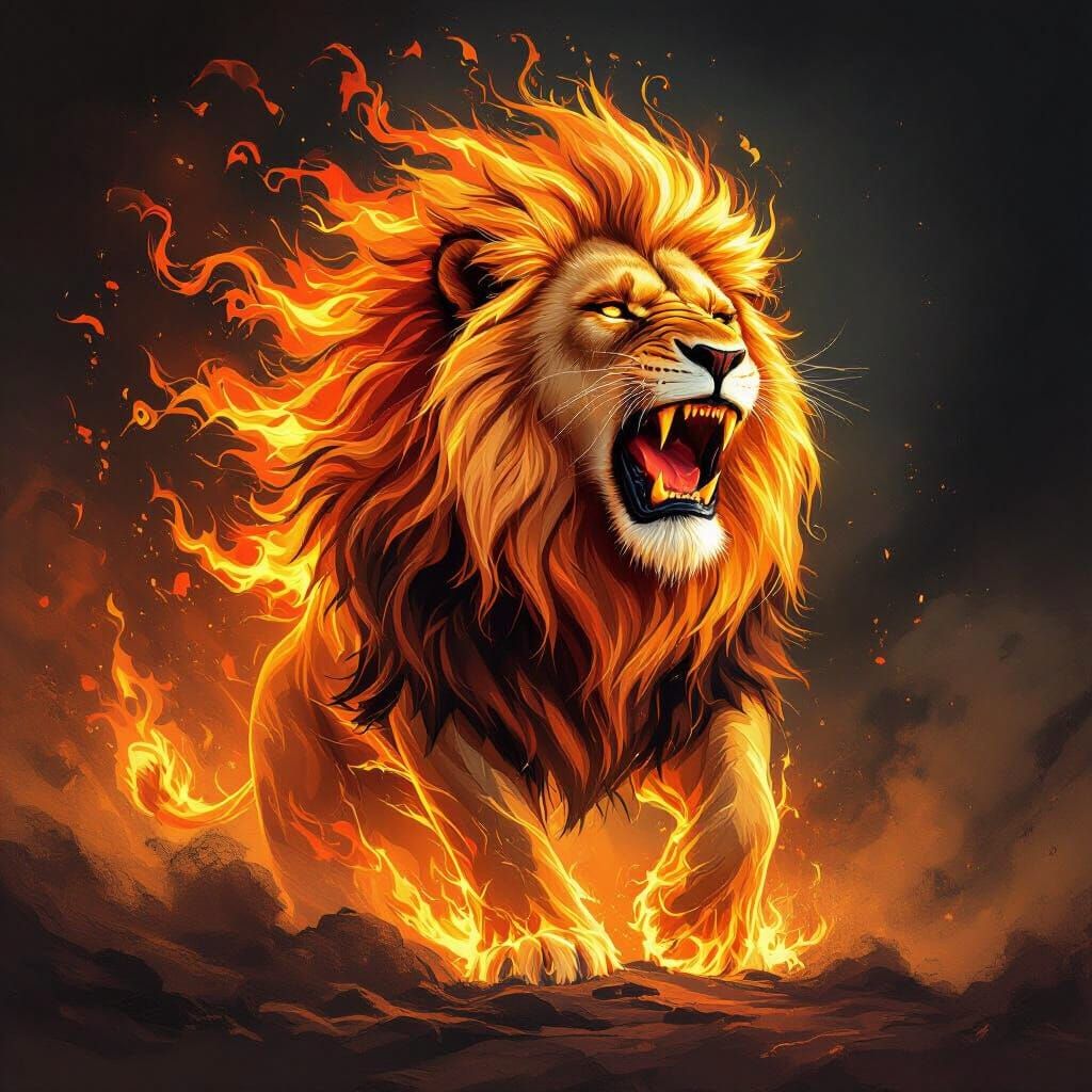 Majestic Lion of Swirling Fire Roars in Inferno Mane