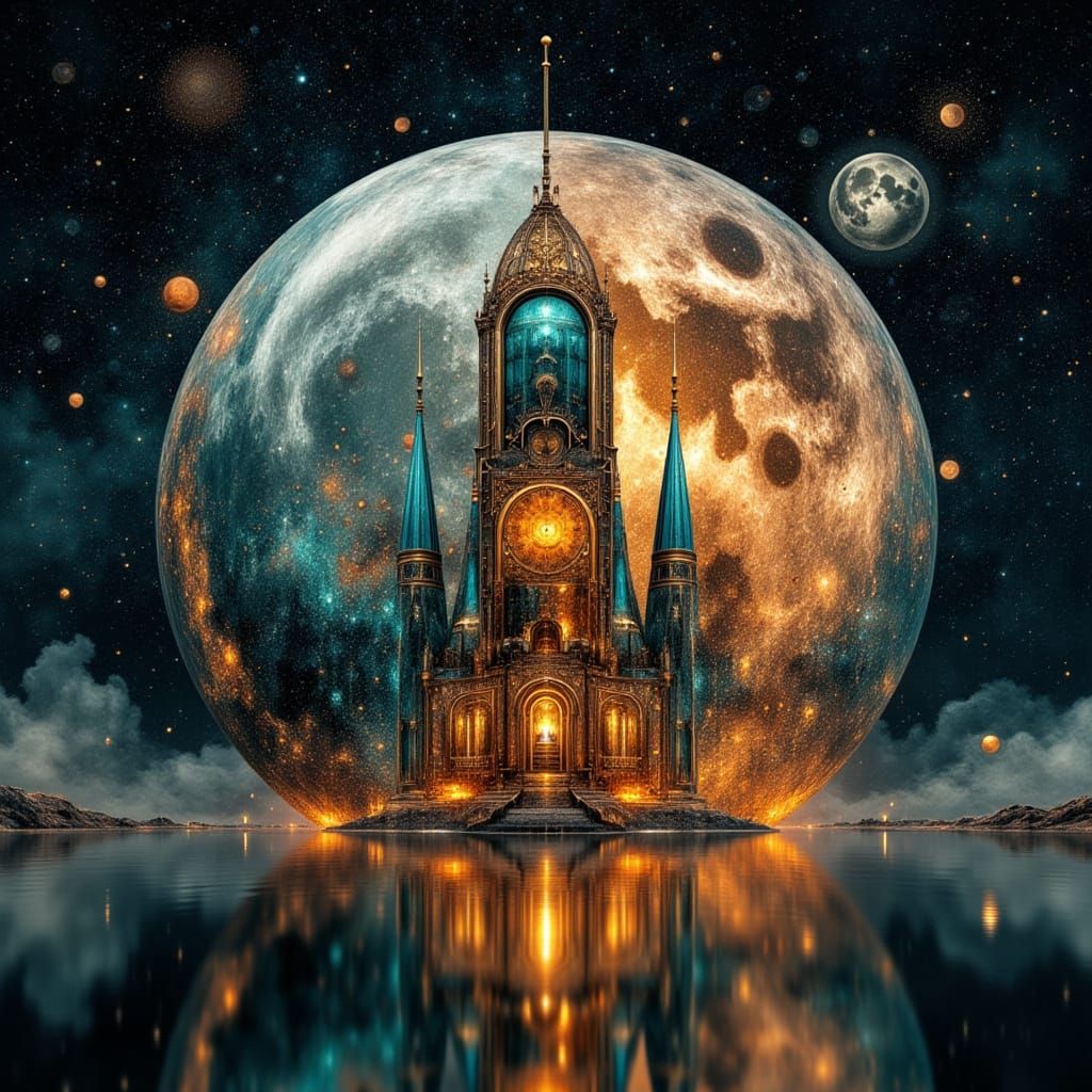 Surreal Steampunk Moon With Rusty Rocket Ship