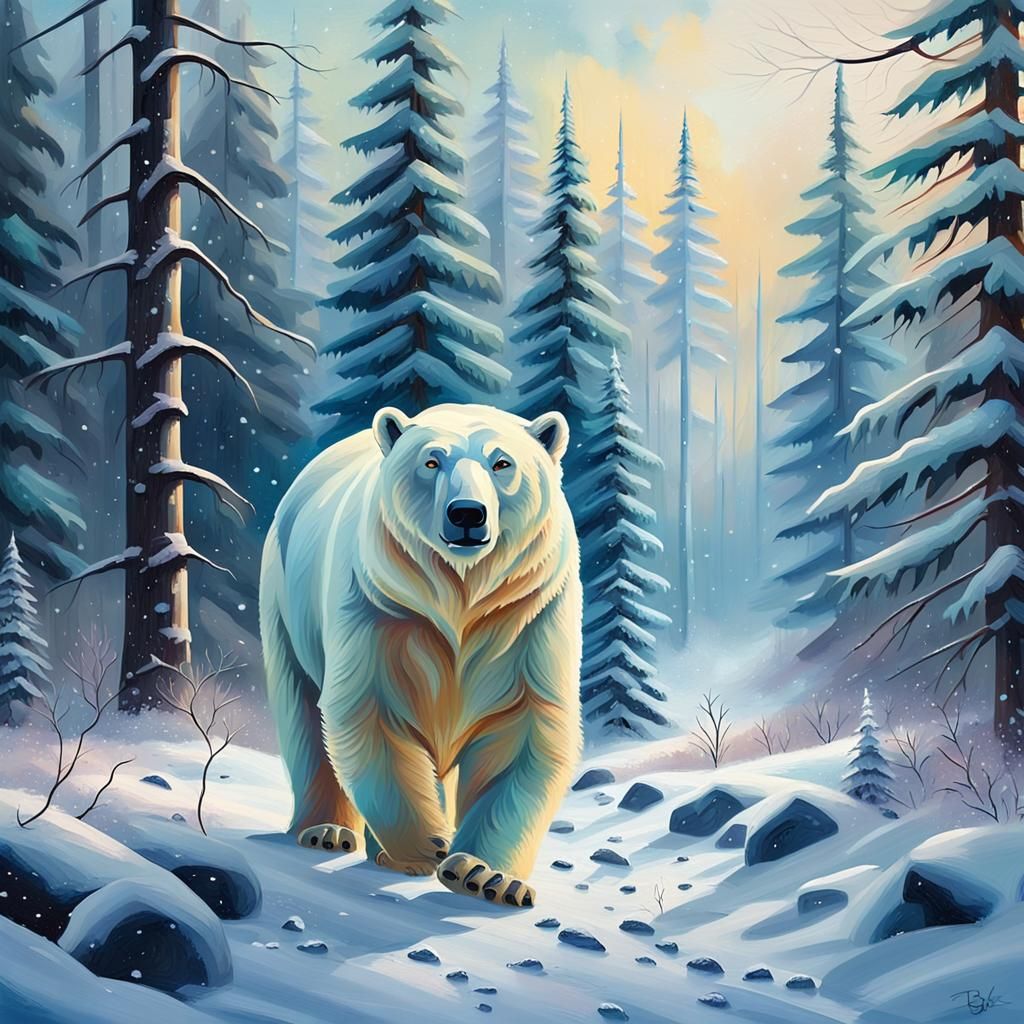 Polar Bear in Snowy Canadian Forest, Oil Painting