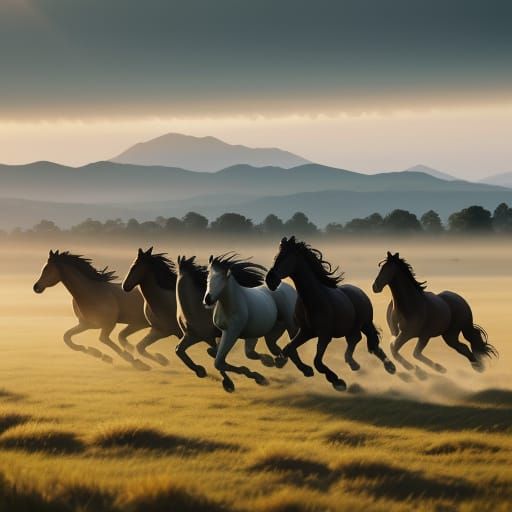 Majestic Horses Gallop Across Golden Dawn Landscape