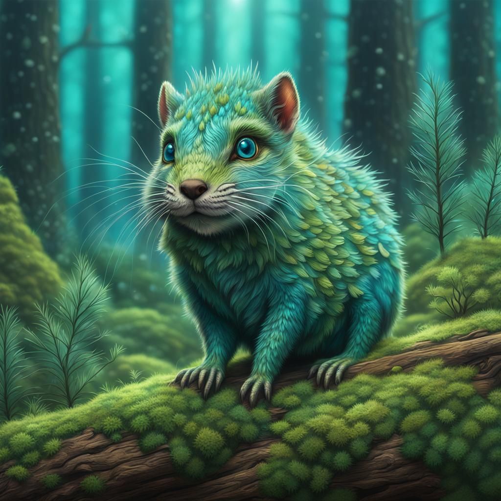 Super Cute  Mossy Varmint, Intense Big Turquoise Eyes, Pine 
Forest, 3d shading, Misty Atmosphere, 8k Resolution, Intric...