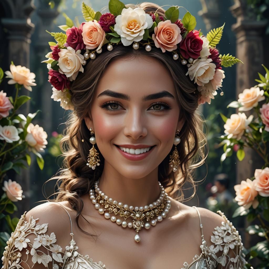 Serene Woman with Flower Crown and Pearls