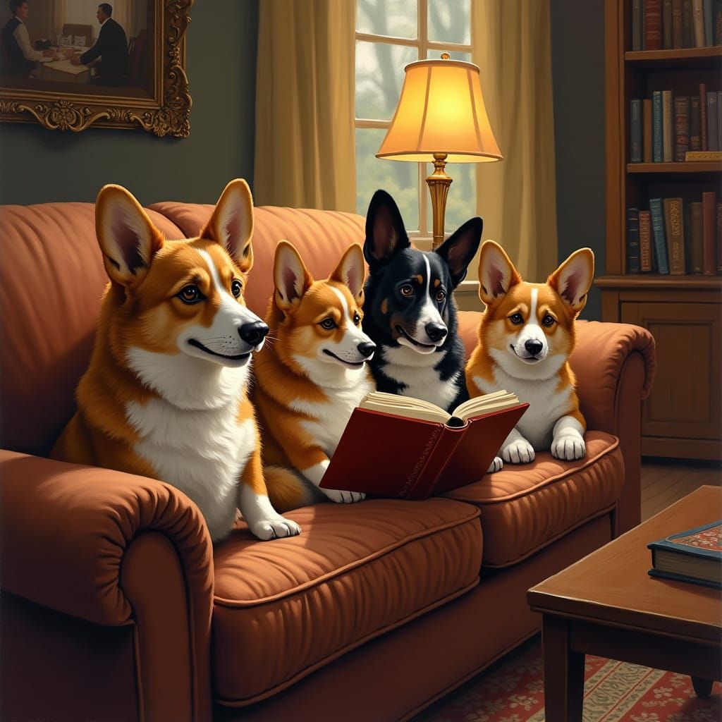 Corgi Family Binges British Whodunit on Velvet Couch