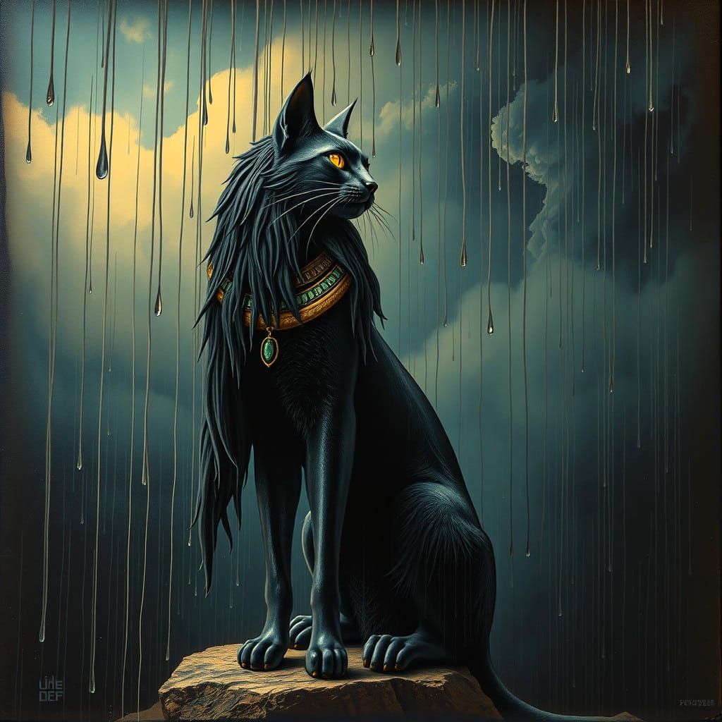 Surreal Encaustic Portrait of Bastet as a Victim of a Dystop...