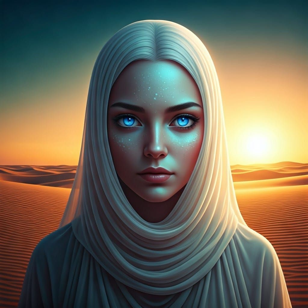 Mystical Woman with Glowing Veil in Desert Landscape