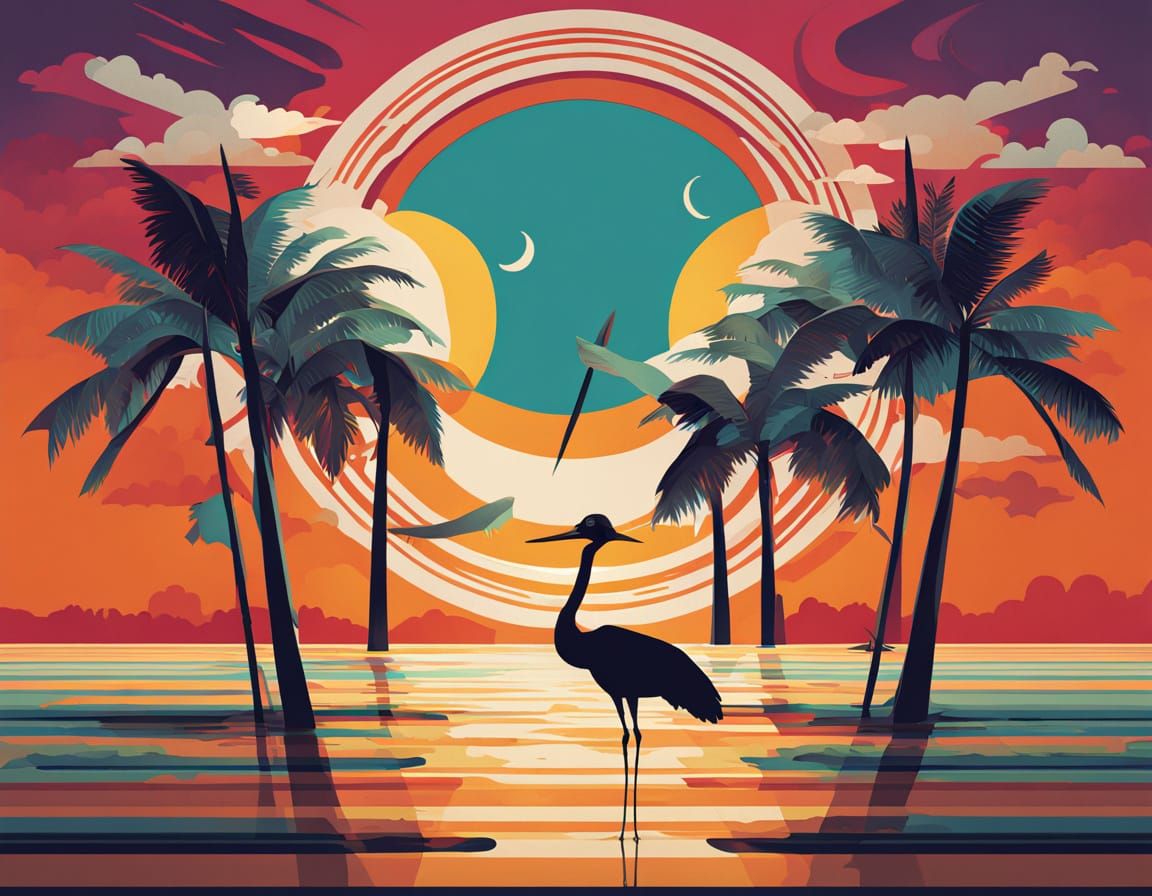 Golden Storks Soar to Palm Tree Apex in Impressionist-Inspir...