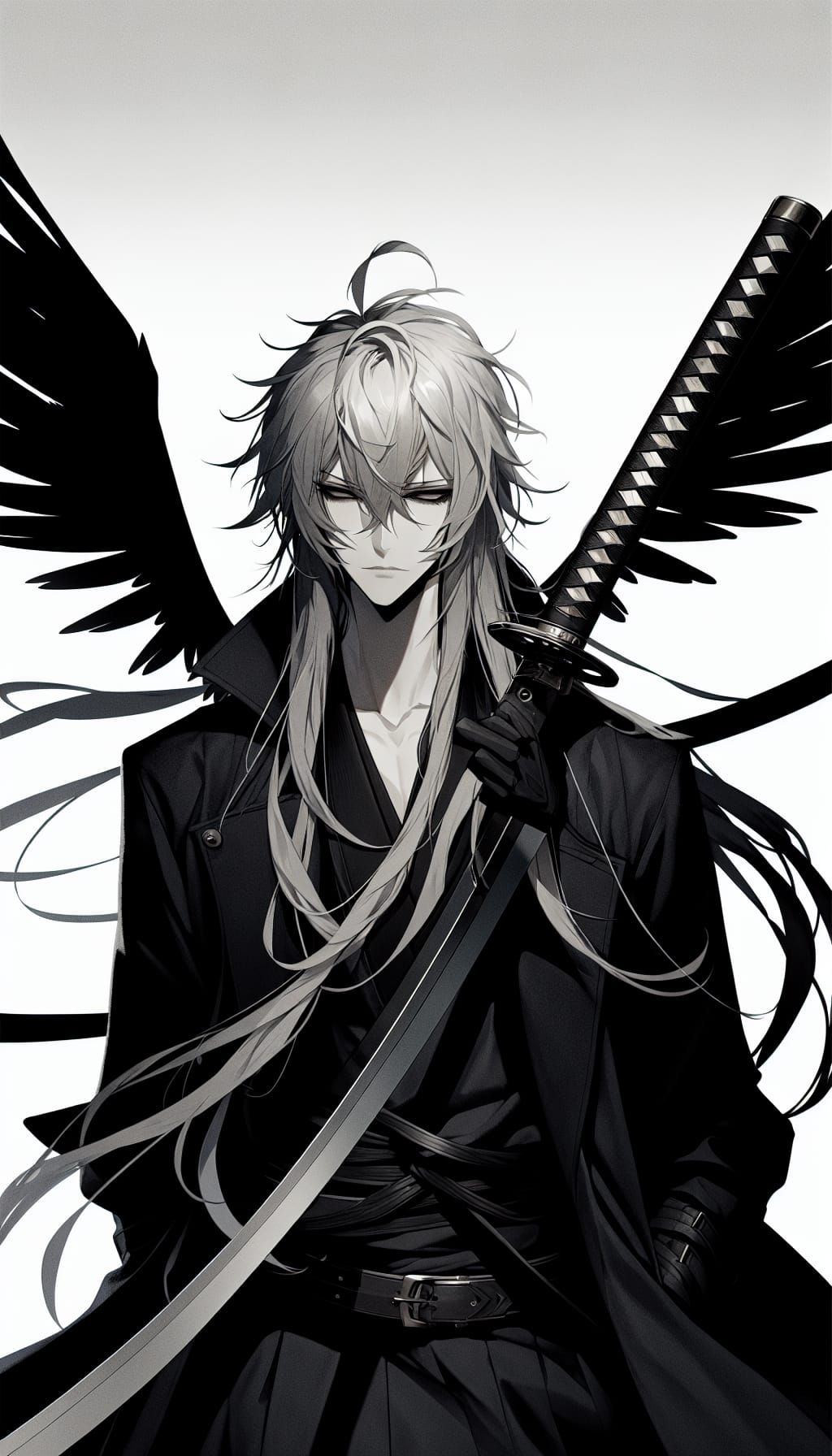 Winged Swordsman with Silver Hair and Dark Eyes