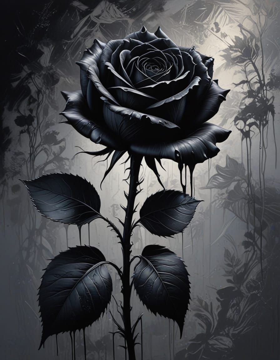 Pitch Black Rose Oil Painting with Chrome Highlights