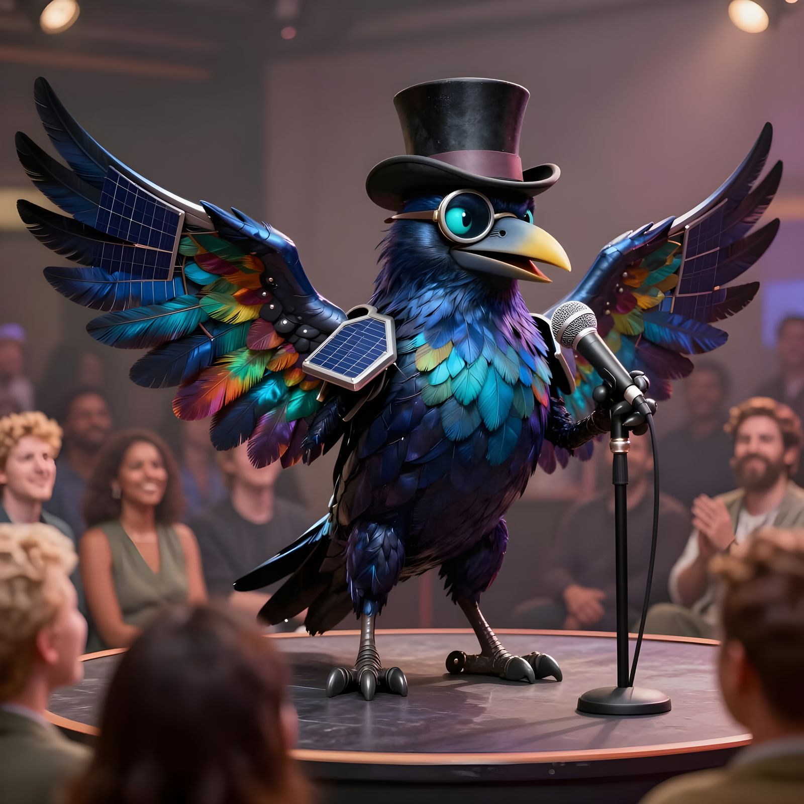Mecha Raven Comedian with Rainbow Feathers and Top Hat