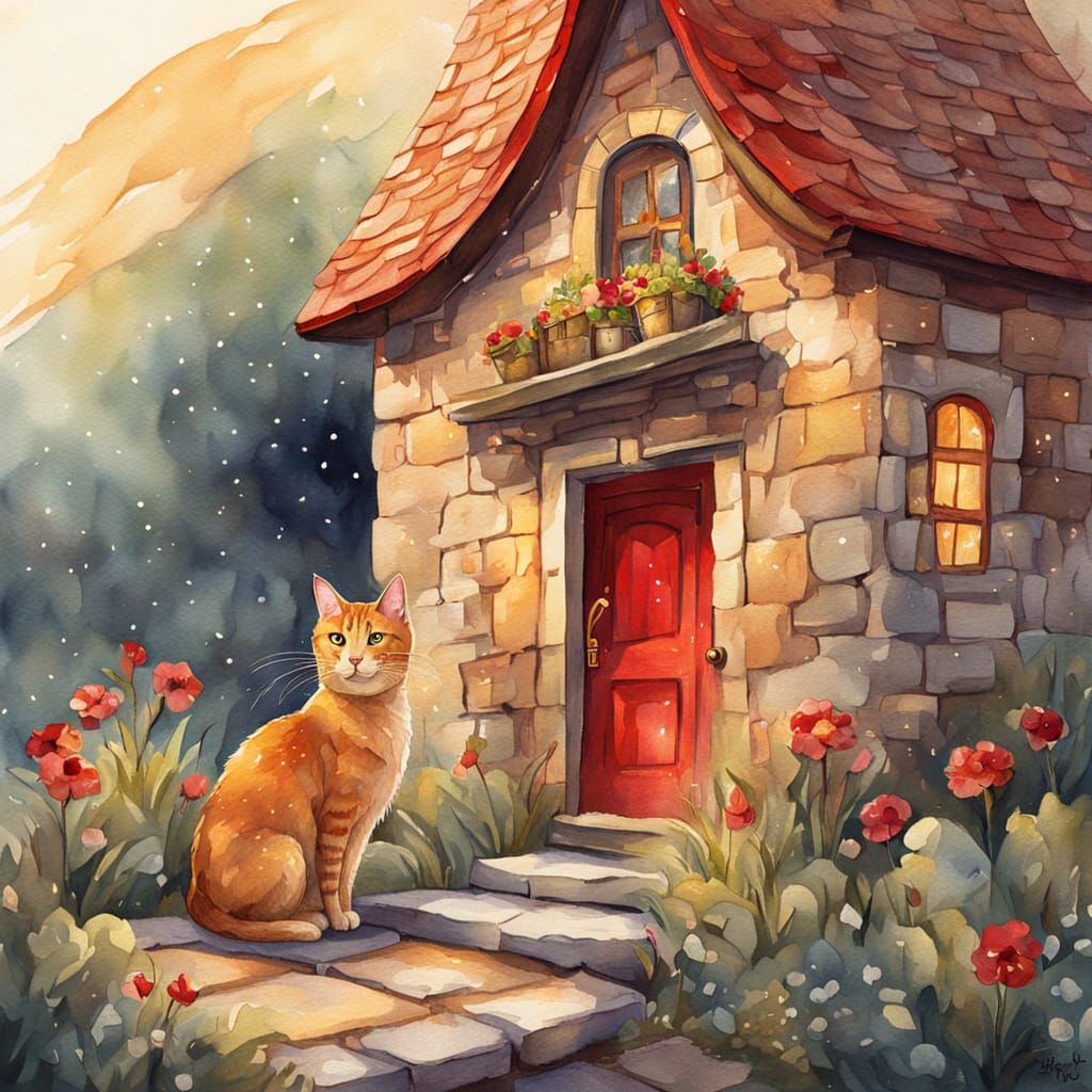 Whimsical Cat Guards Stone House in Watercolor