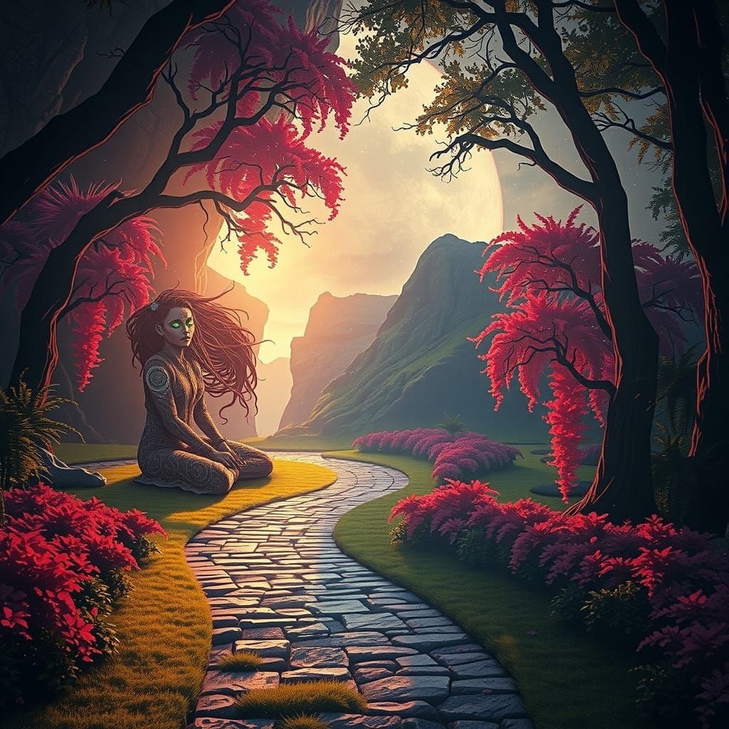 Mystical Moon Priestess in Cyberpunk Aesthetic