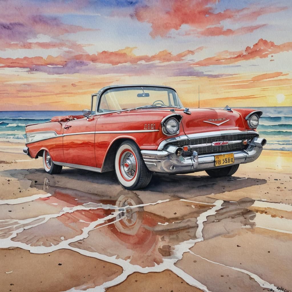 Red 1957 Belair Convertible at Sunset, Watercolor