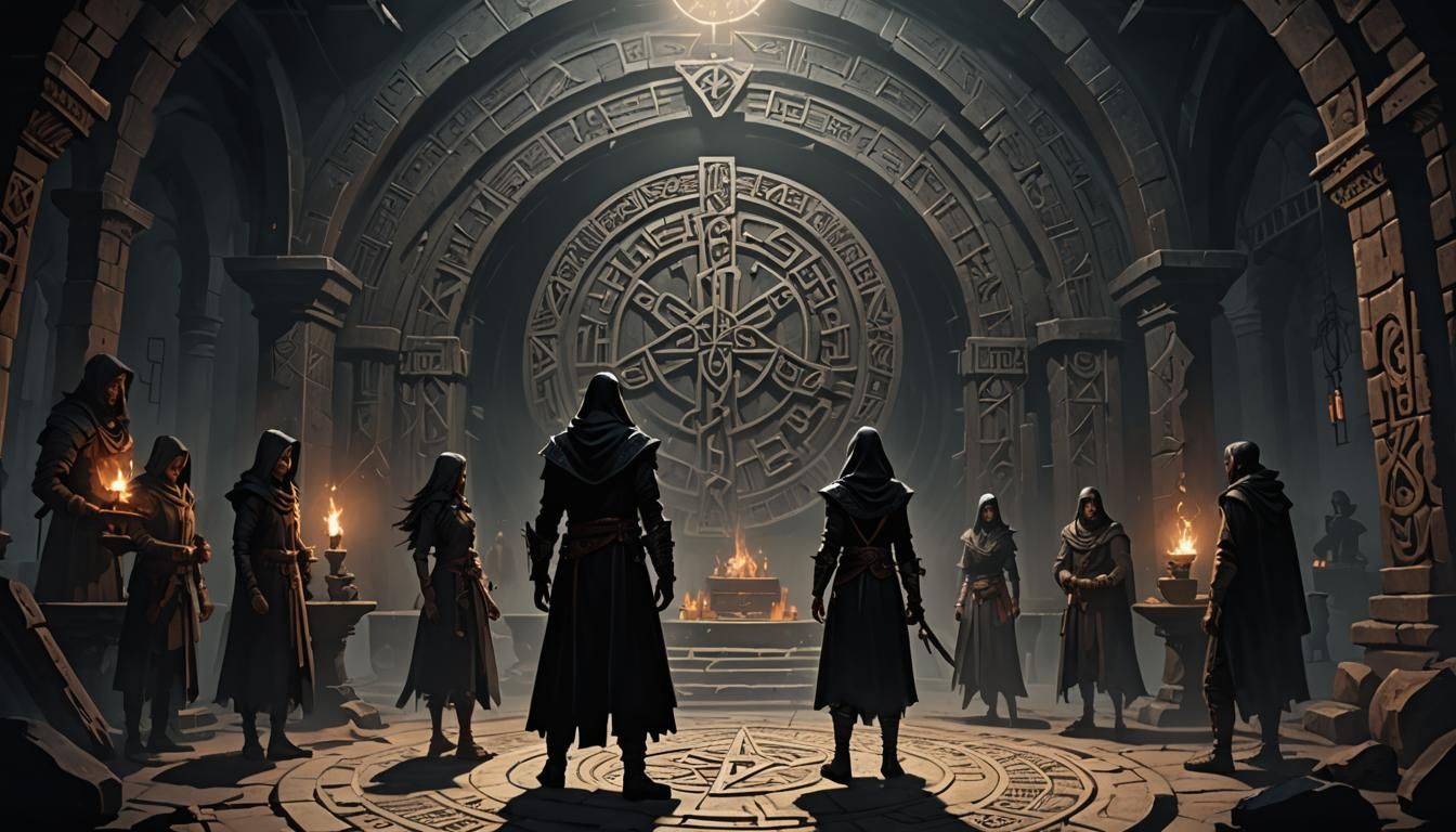 Shadow Seekers Facing Eerie Altar in Ancient Chamber