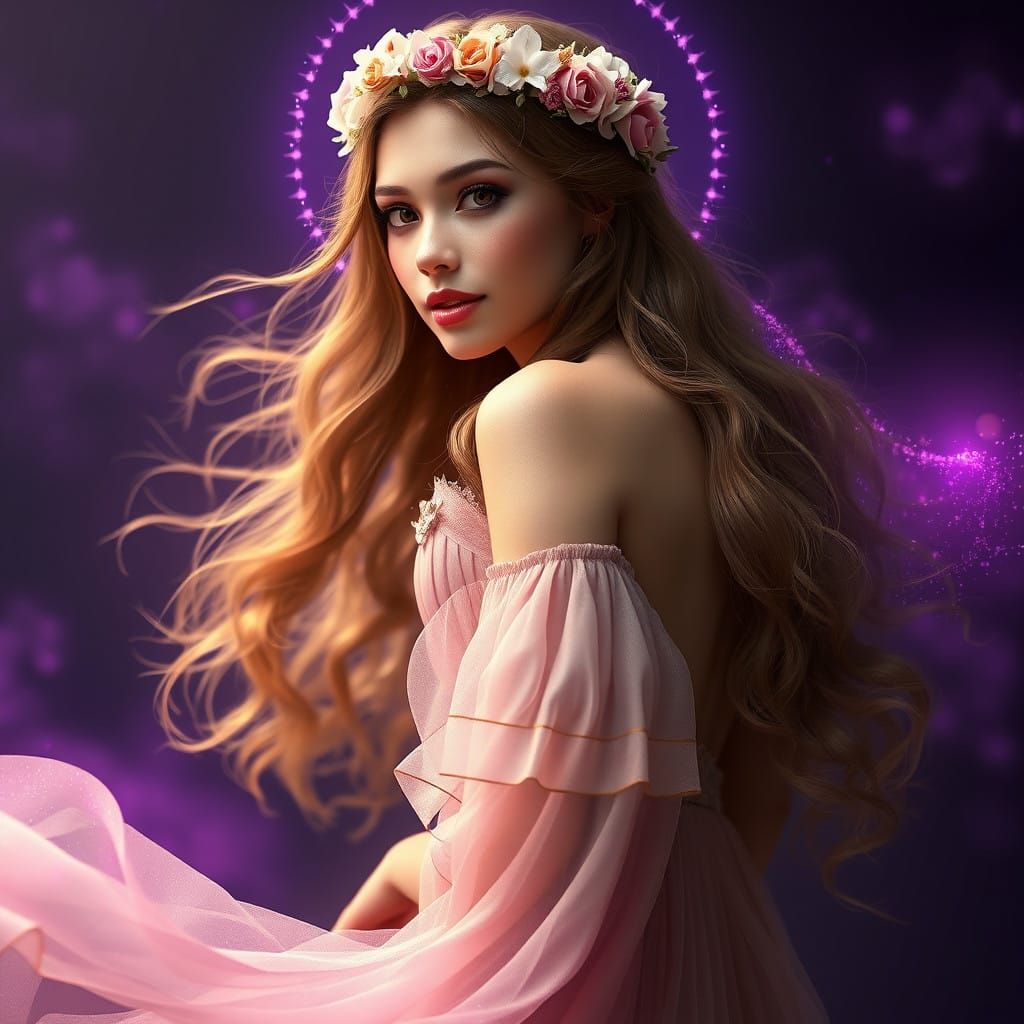 Enigmatic Fantasy Woman in Iridescent Purple Mist