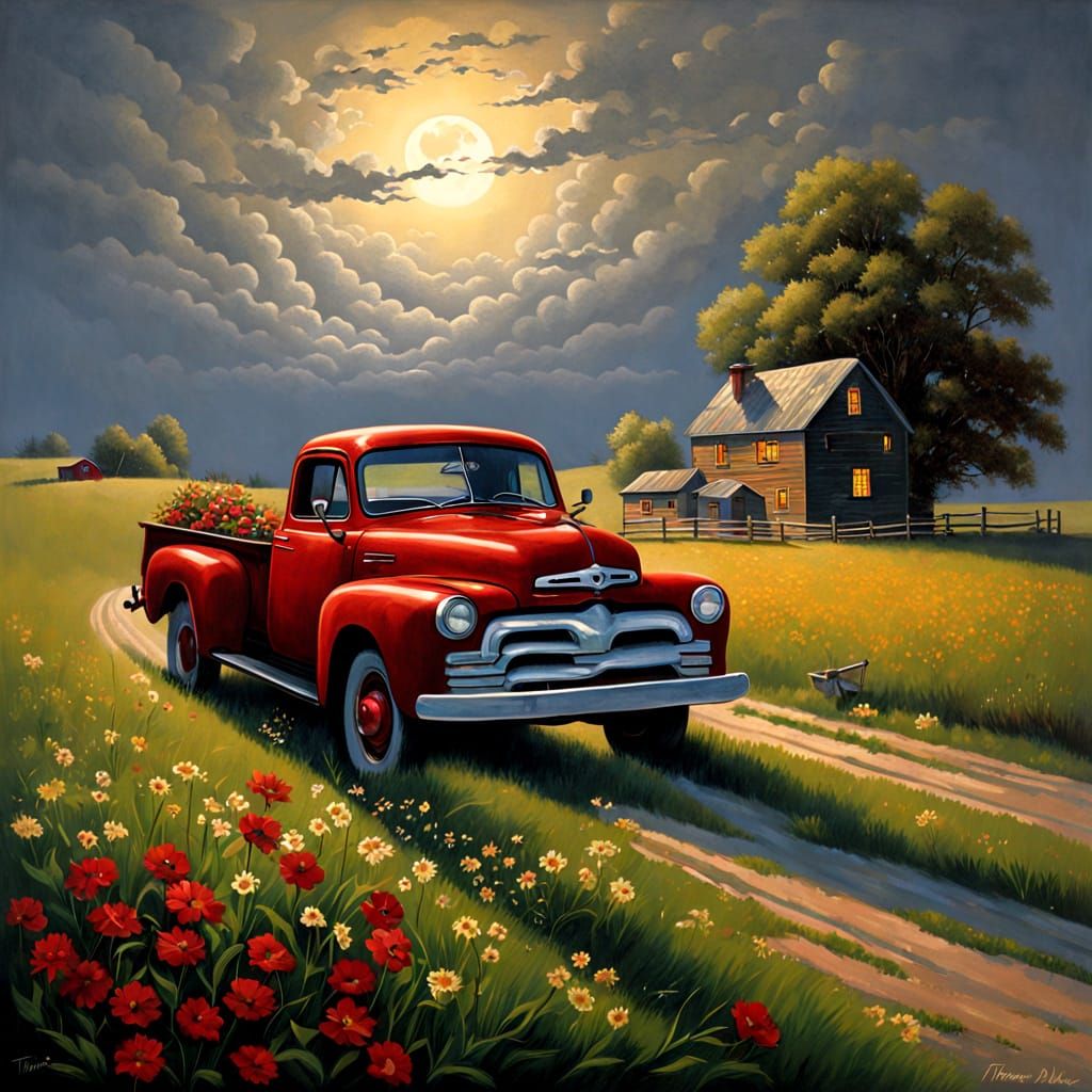 Prairie Highway at Night Under Full Moon