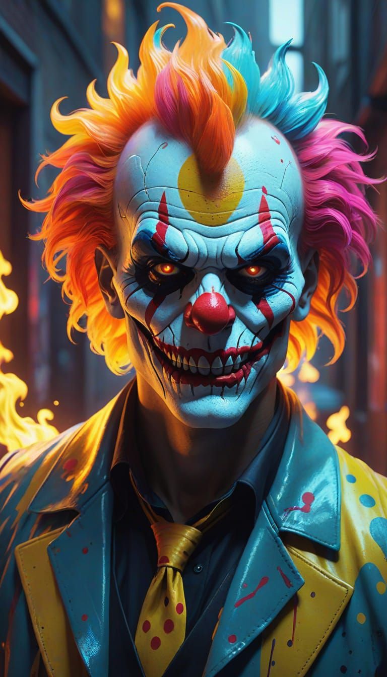 Sinister Clown with Skull Face Paint in Neon Alley