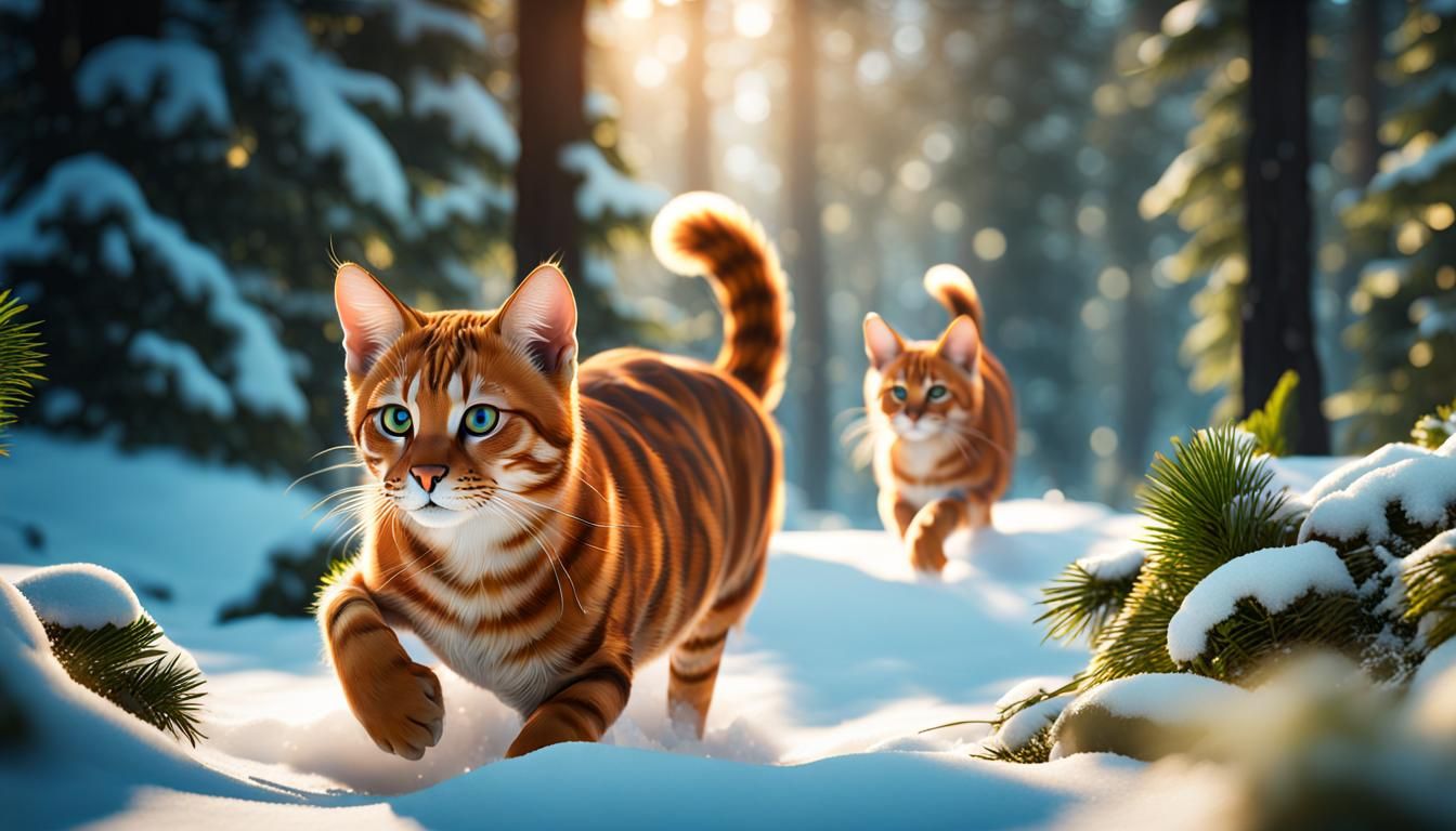 Bengal Cats Playing in Snowy Forest