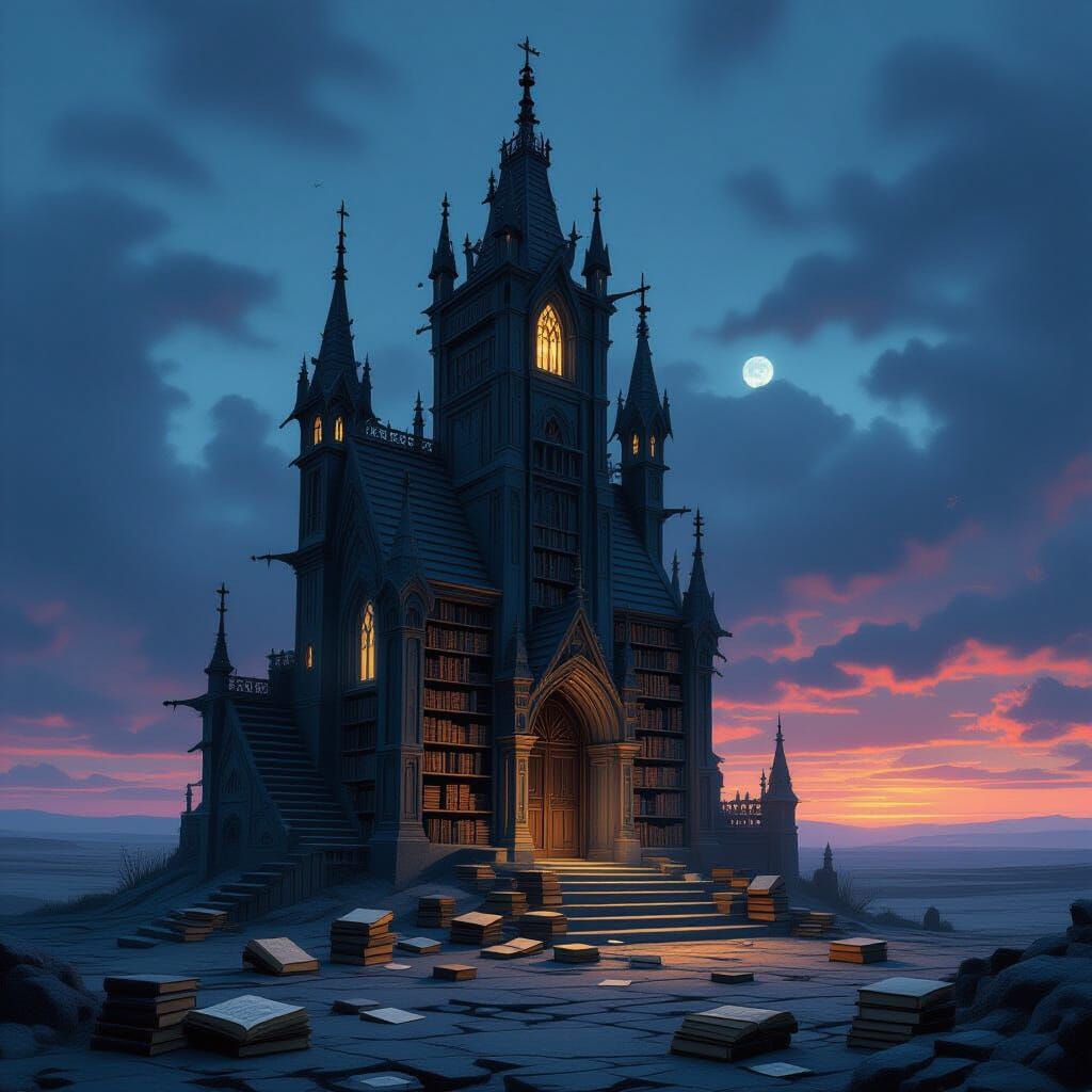 Ancient Library on Desolate Plain Under Twilight Sky