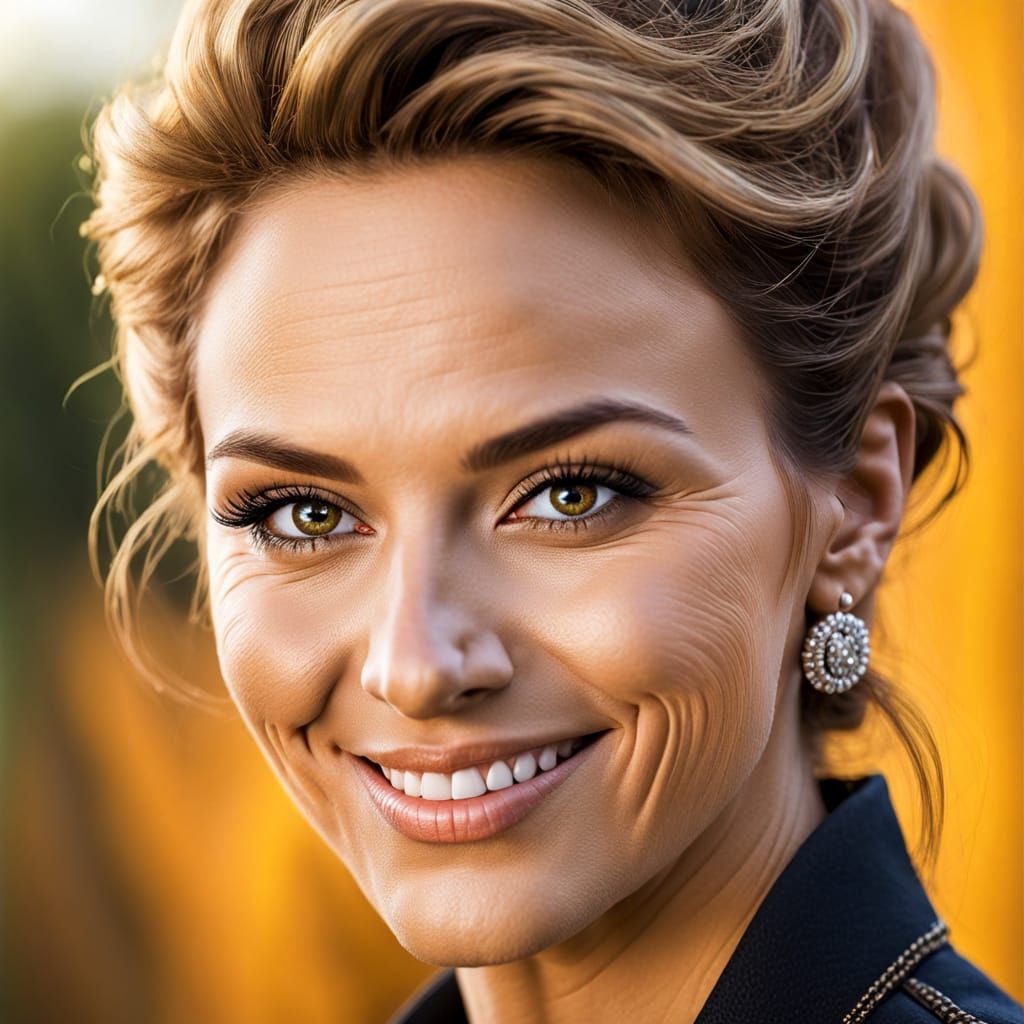 Hyper-Realistic Portrait of a Smiling Woman in Earthy Tones