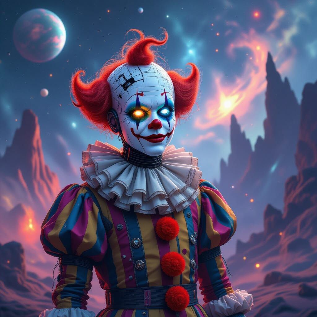 Android Clown in Cosmic Nebula, Detailed Concept Art