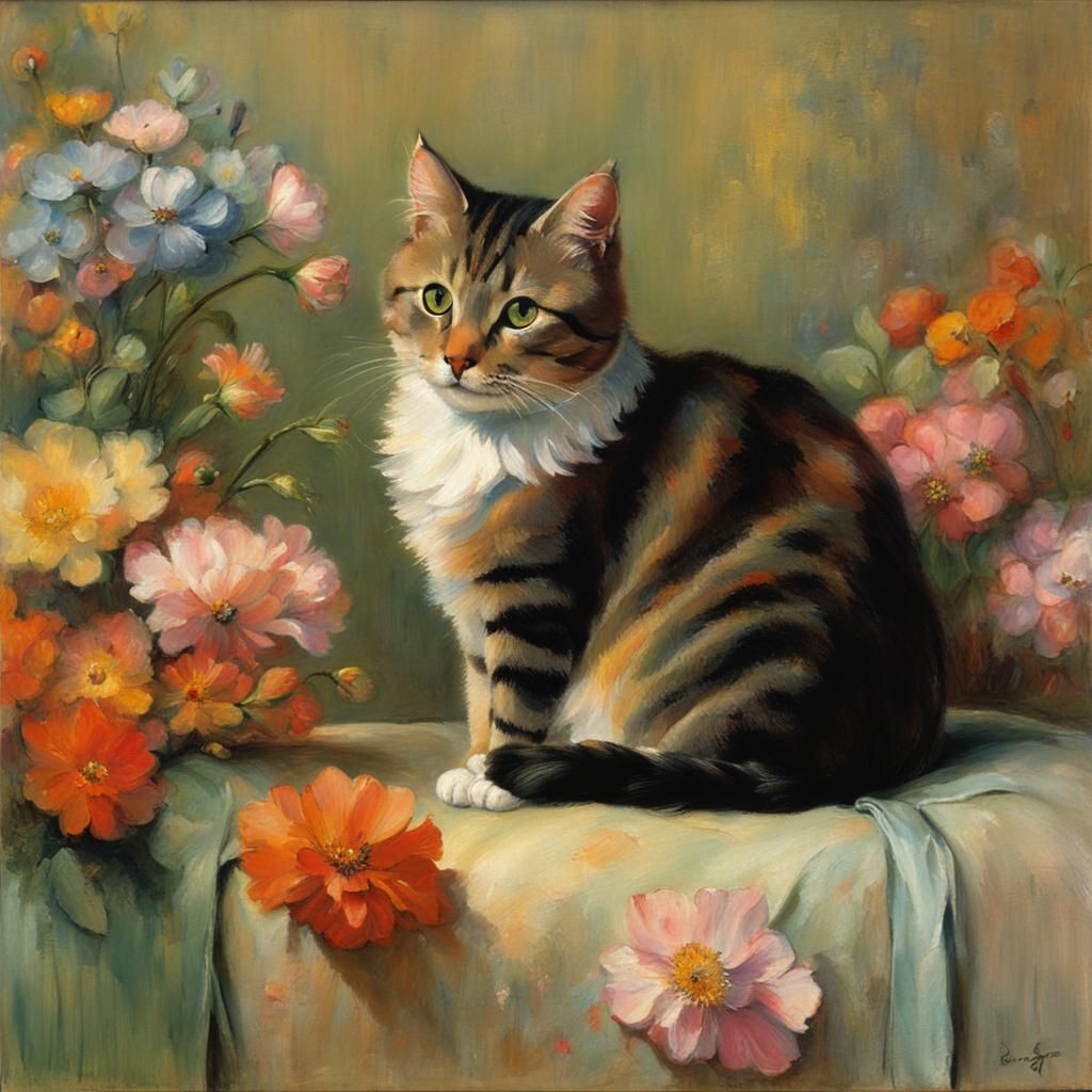Cute Cat Surrounded by Flowers in Impressionist Style