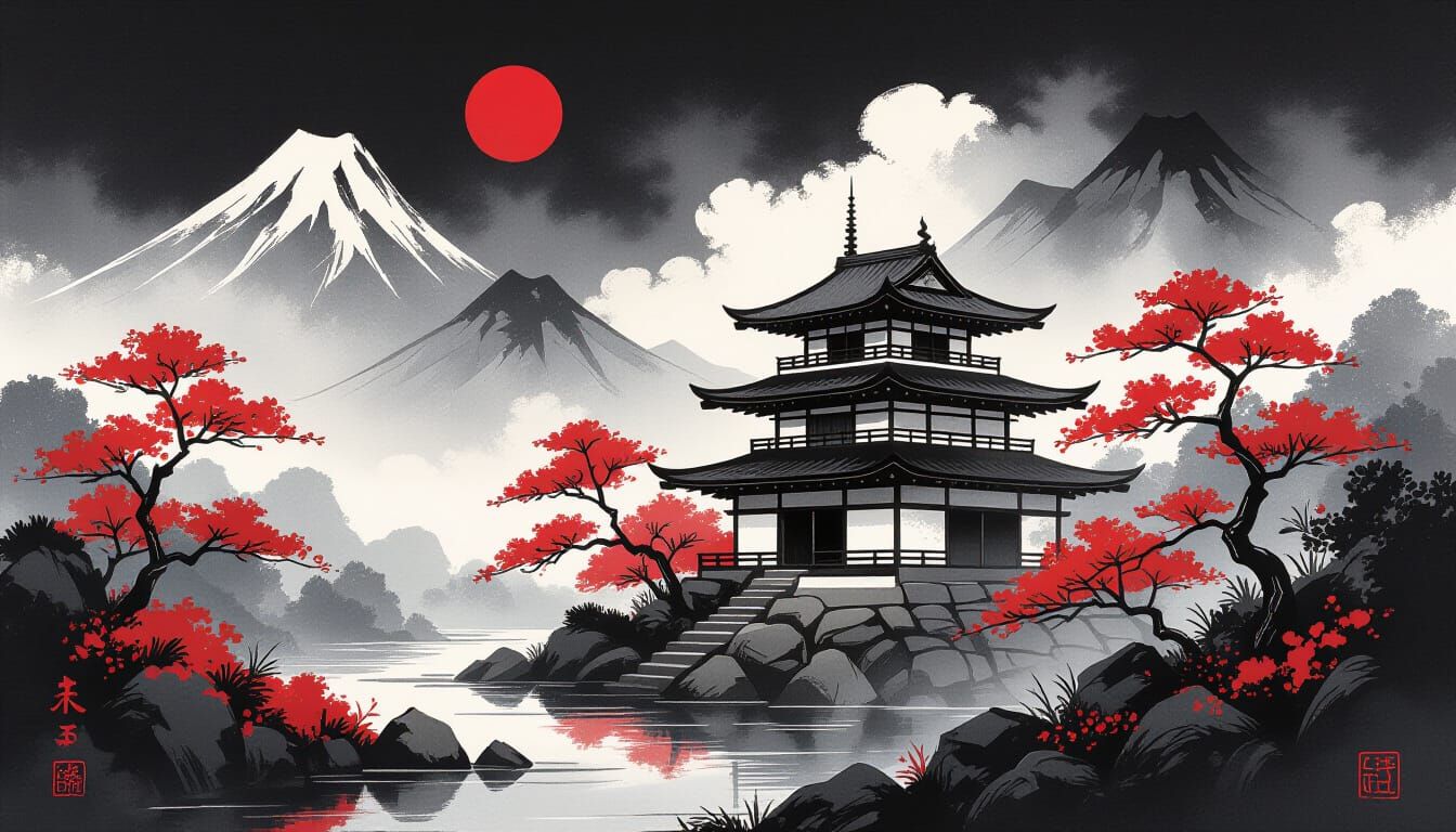 Abstract Japanese House Painting with Red & White Nature