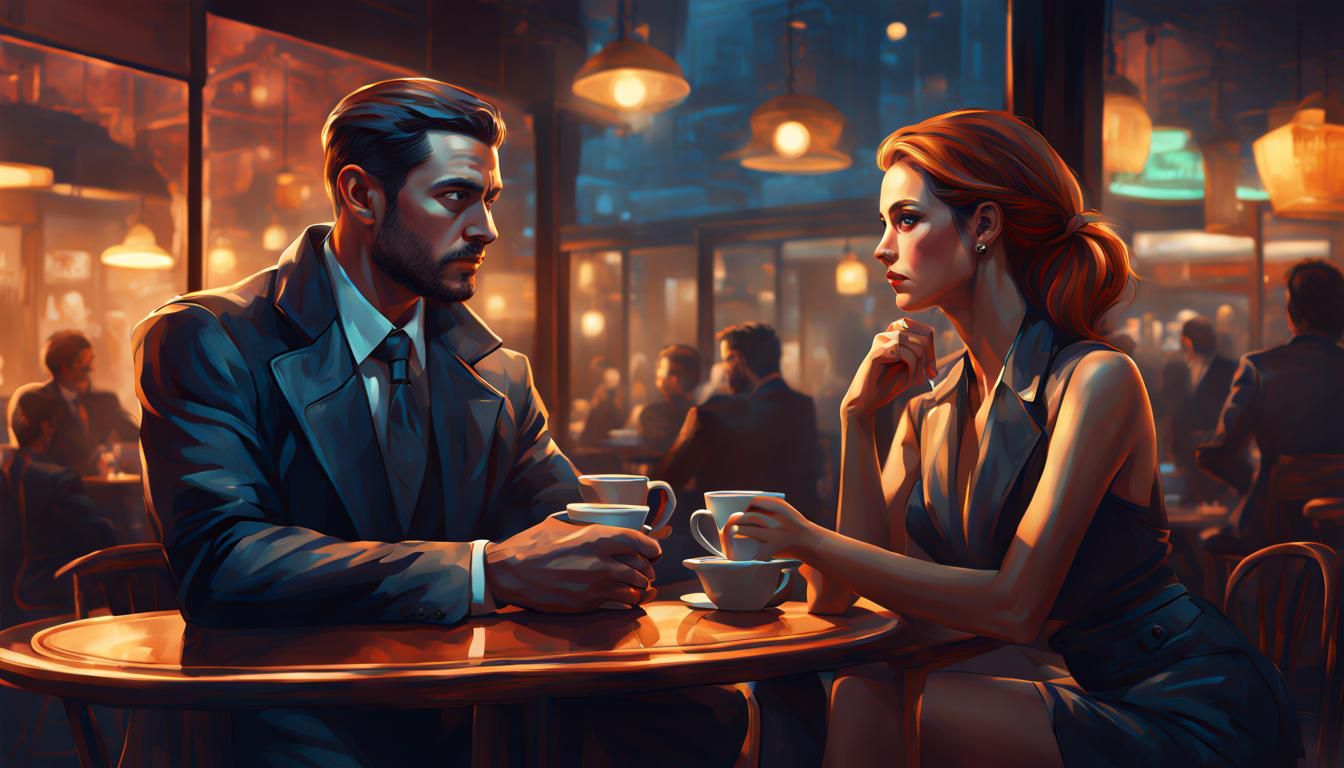 Night Cafe Spy Meeting in Hyperrealistic Splash Art