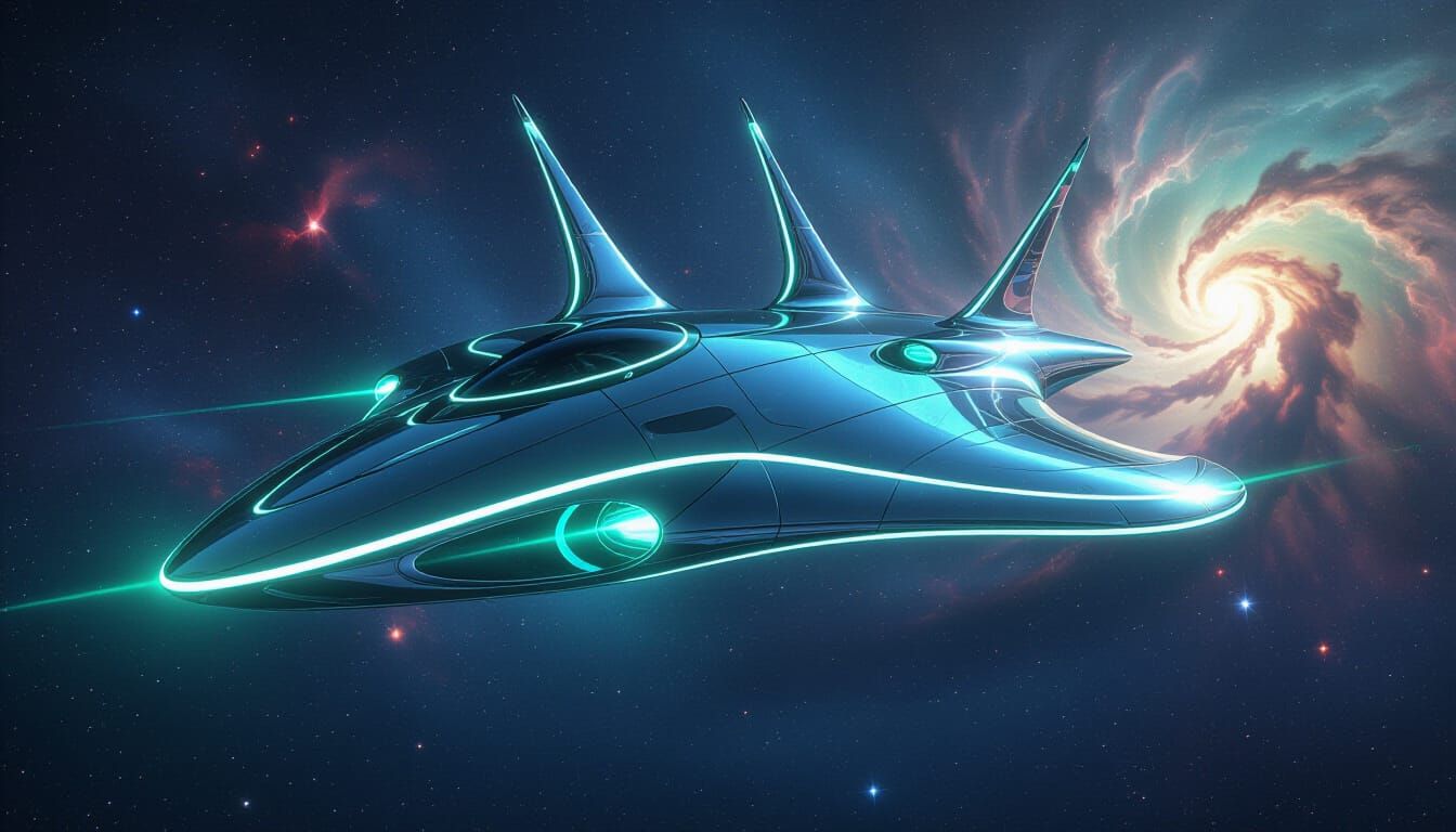 Futuristic Chrome Spaceship Manta Ray in Cosmic Nebula
