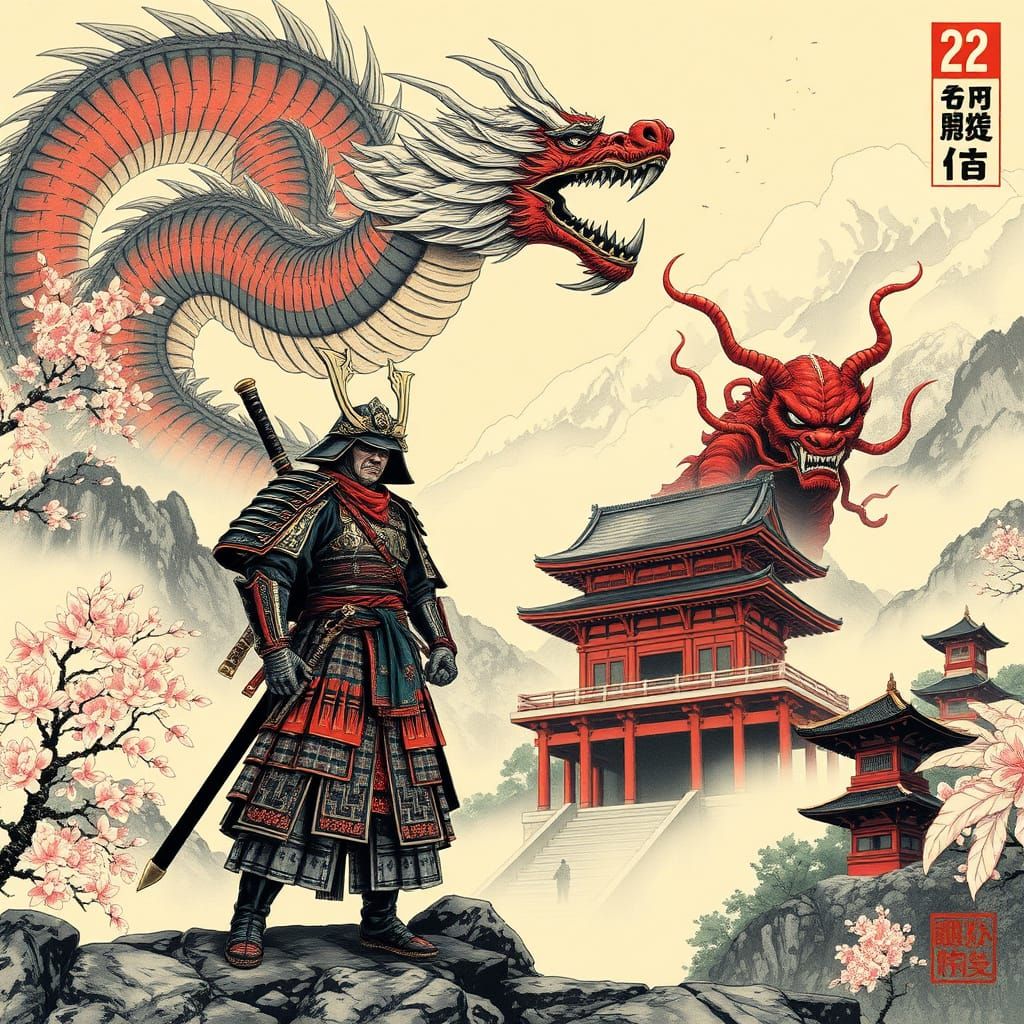 Majestic Samurai Guardians in Traditional Japanese Fantasy