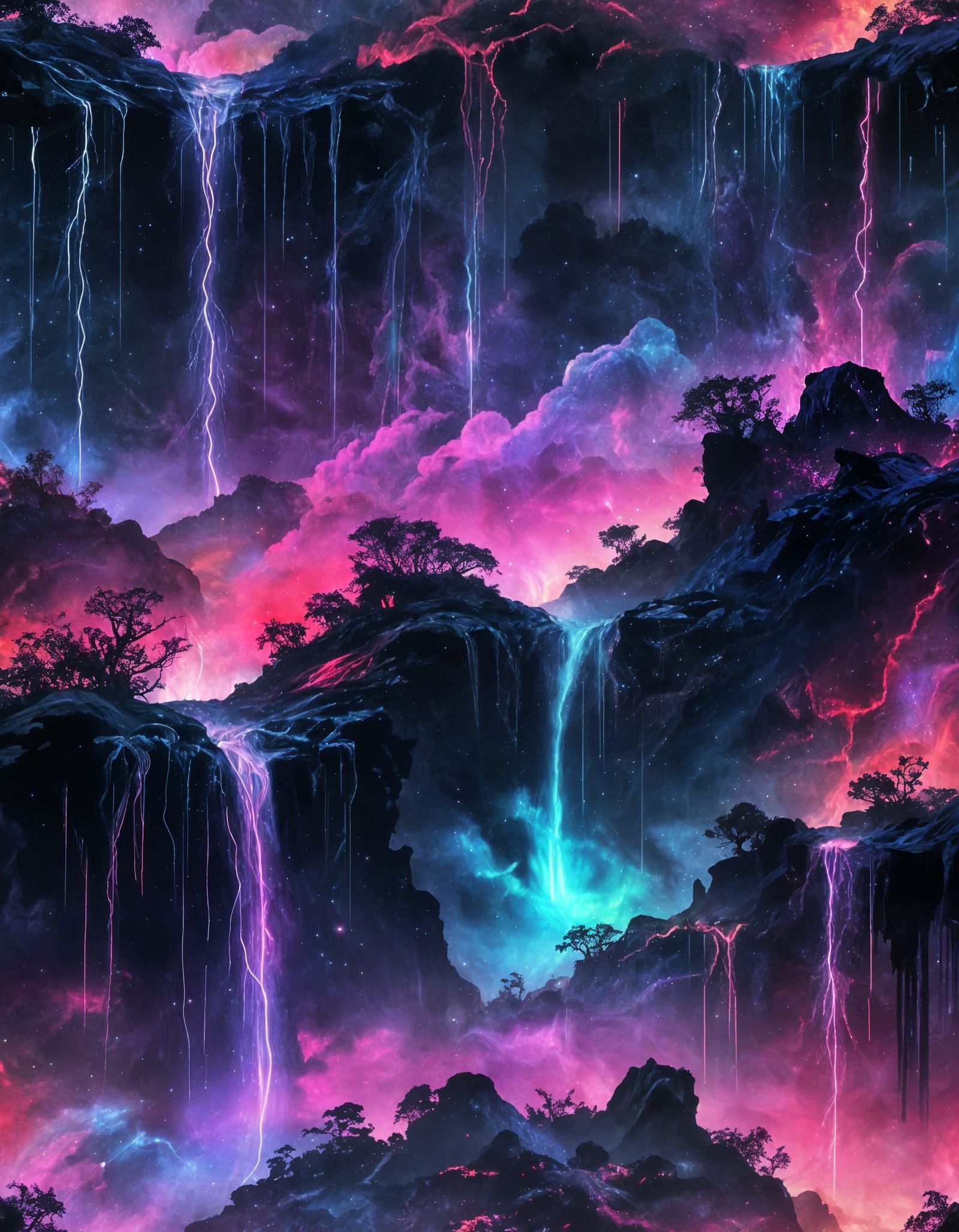 Electric Waterfall Illuminated by Neon Lightning