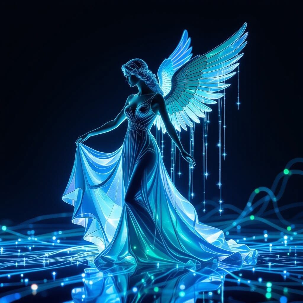 Ethereal Angel Weaving Spells in Fiber Optic Light