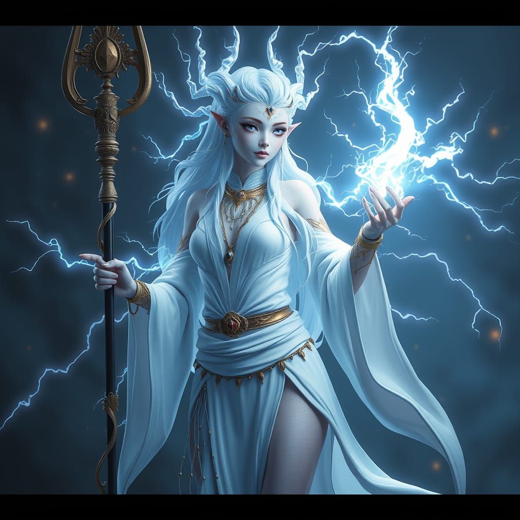 Water Genasi with Lightning Staff in 3D Game Cinematic Style