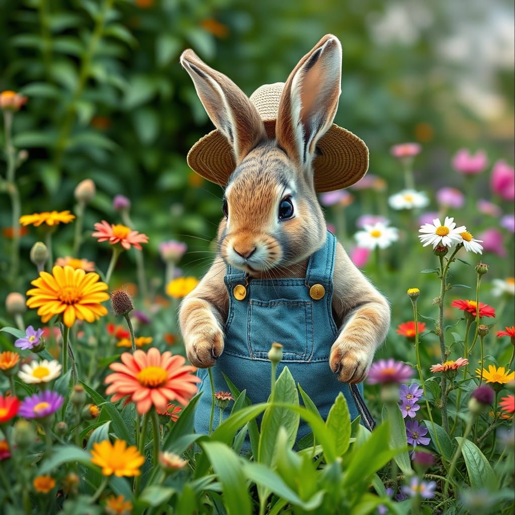 Gardening Bunny Rabbit in Flower Patch, Whimsical Art