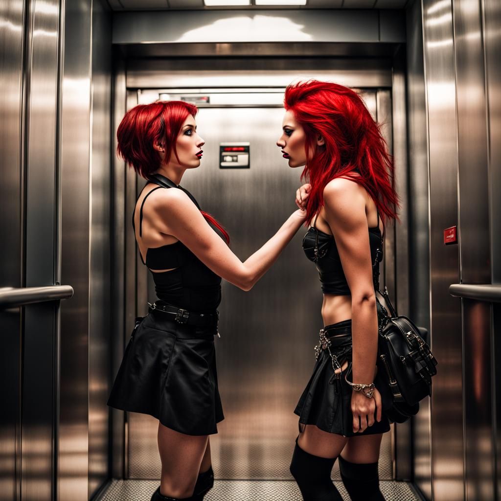 Mystic Punk Girl Kissing Brunette Girlfriend in Elevator
