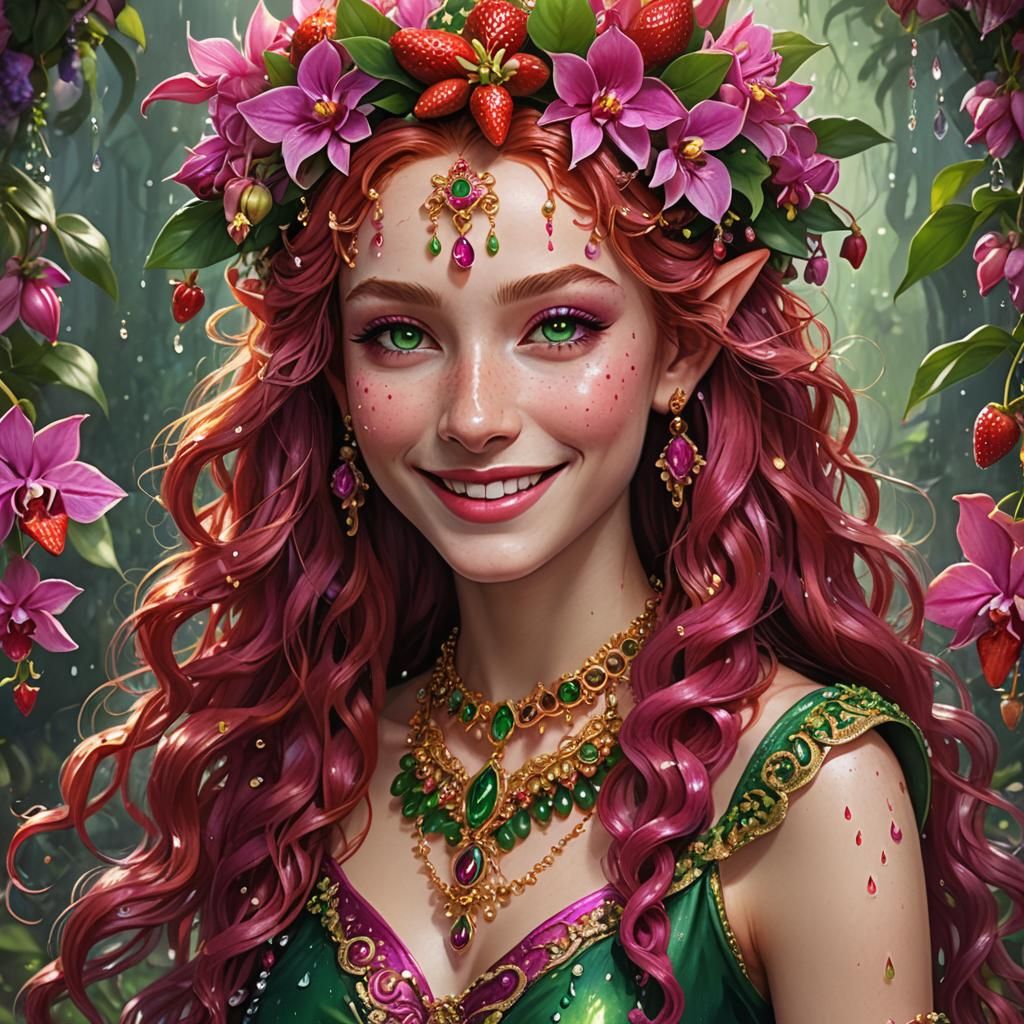 Smiling Elven Girl with Red Hair in Strawberry Field