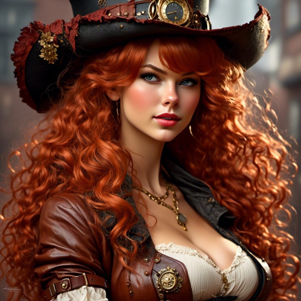 Steampunk Impasto Portrait of Red-Haired Woman